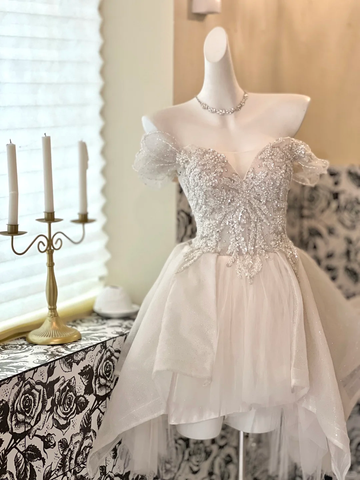 Gorgeous A Line Off the Shoulder Beaded Sequin Tulle Short Homecoming Dress Cocktail Dress HZ1023